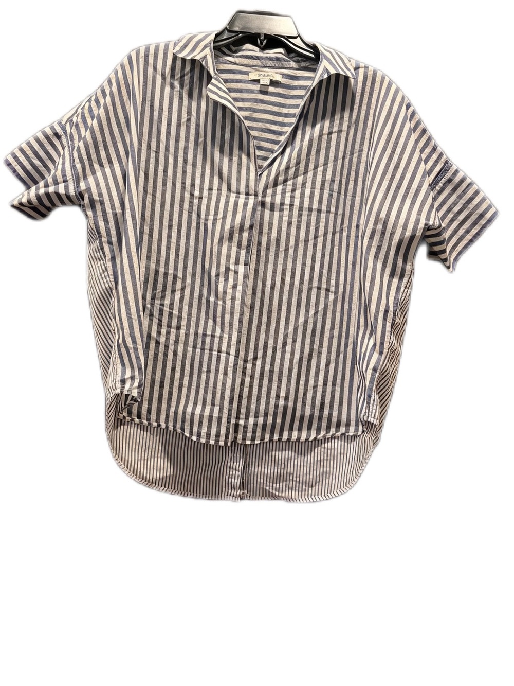 Madewell Navy White Stripe Button Back 100% Cotton High Low Shirt Coastal Size M